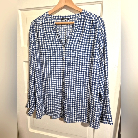 Olsen Blue and White Long Sleeve Blouse with Mandarin Collar -24ptp - Picture 1 of 5